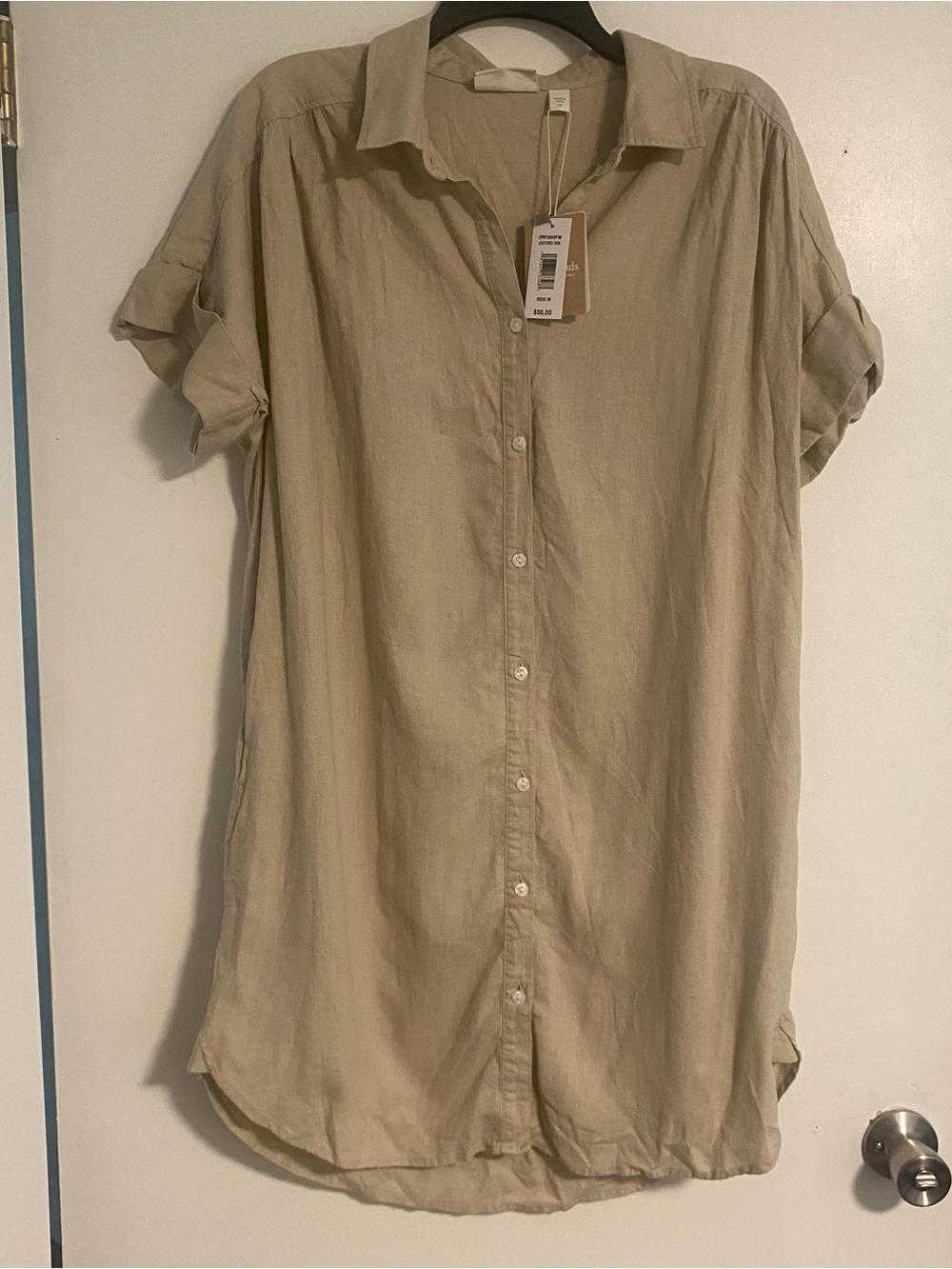 NWT Linen Blend Shirt Dress Short Sleeve Women's M Tan Button Down Pockets Prep
